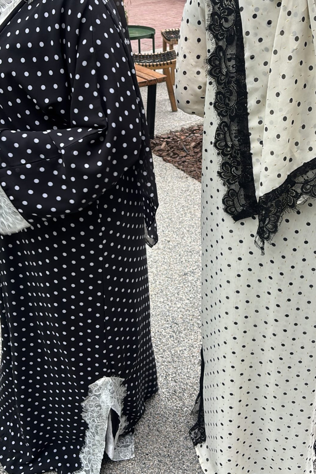 Maryam Polka Dot Lace Trim Open Abaya-White