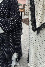 Maryam Polka Dot Lace Trim Open Abaya-White