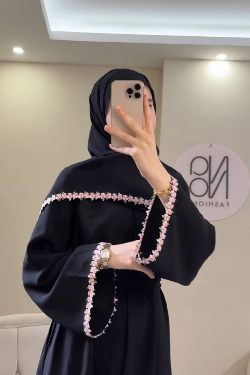 Zaina Pink Mini Floral Trim Two Piece Abaya Set