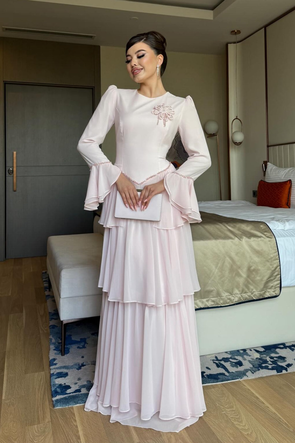 Celeste Floral Brooch Tiered Maxi Dress-Pink