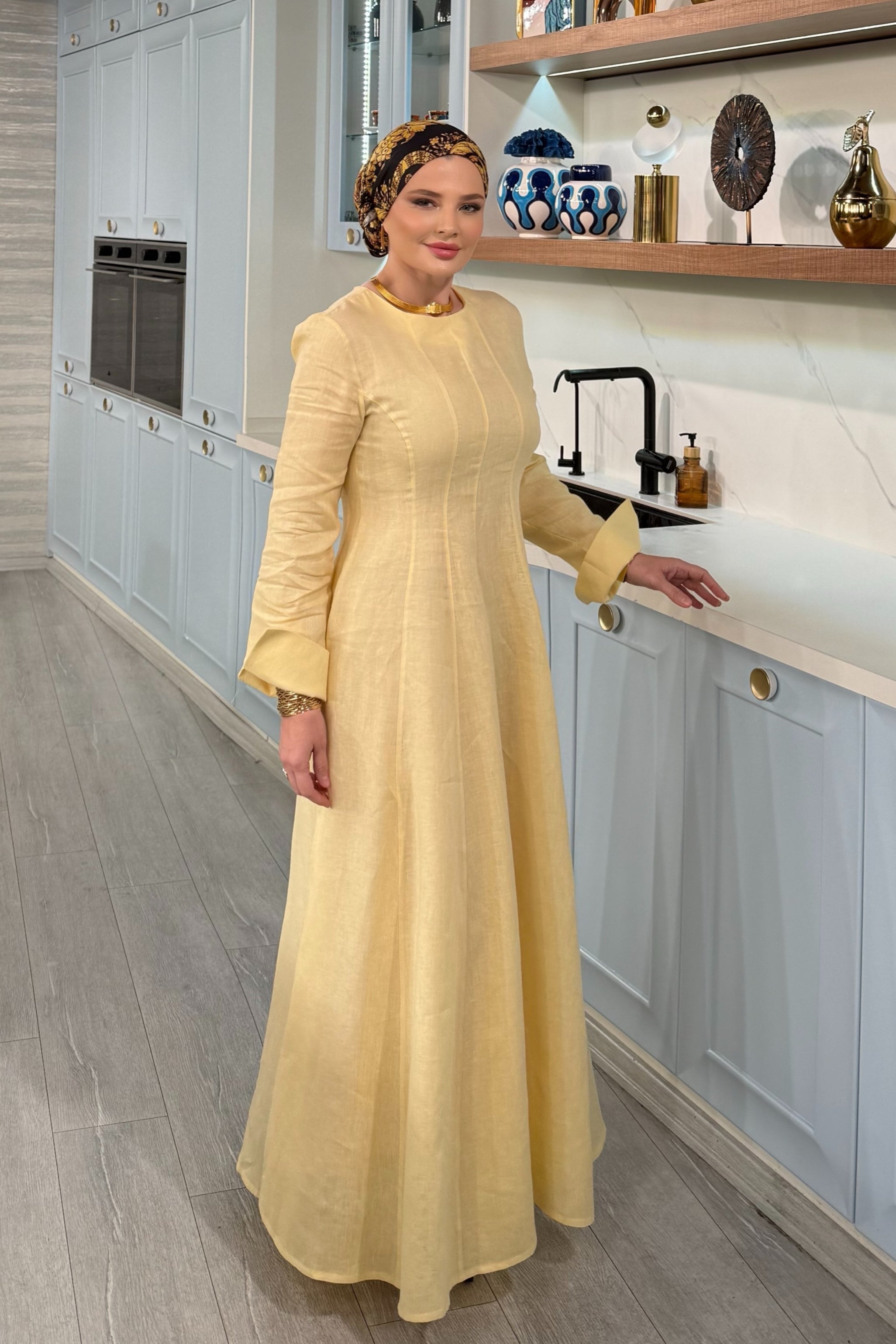 Sarah Yellow Linen Flare Long Sleeve Abaya