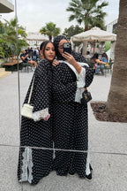 Maryam Polka Dot Lace Trim Open Abaya-Black