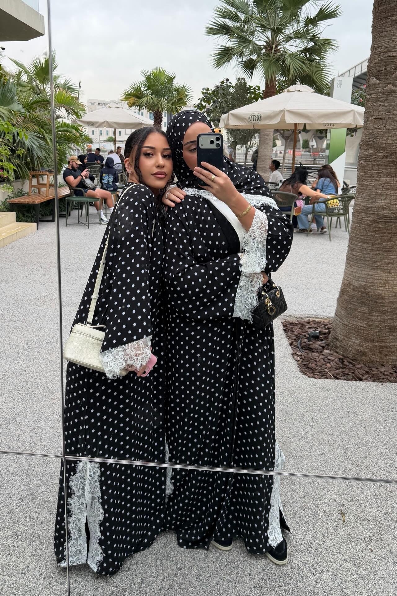 Maryam Polka Dot Lace Trim Open Abaya-Black
