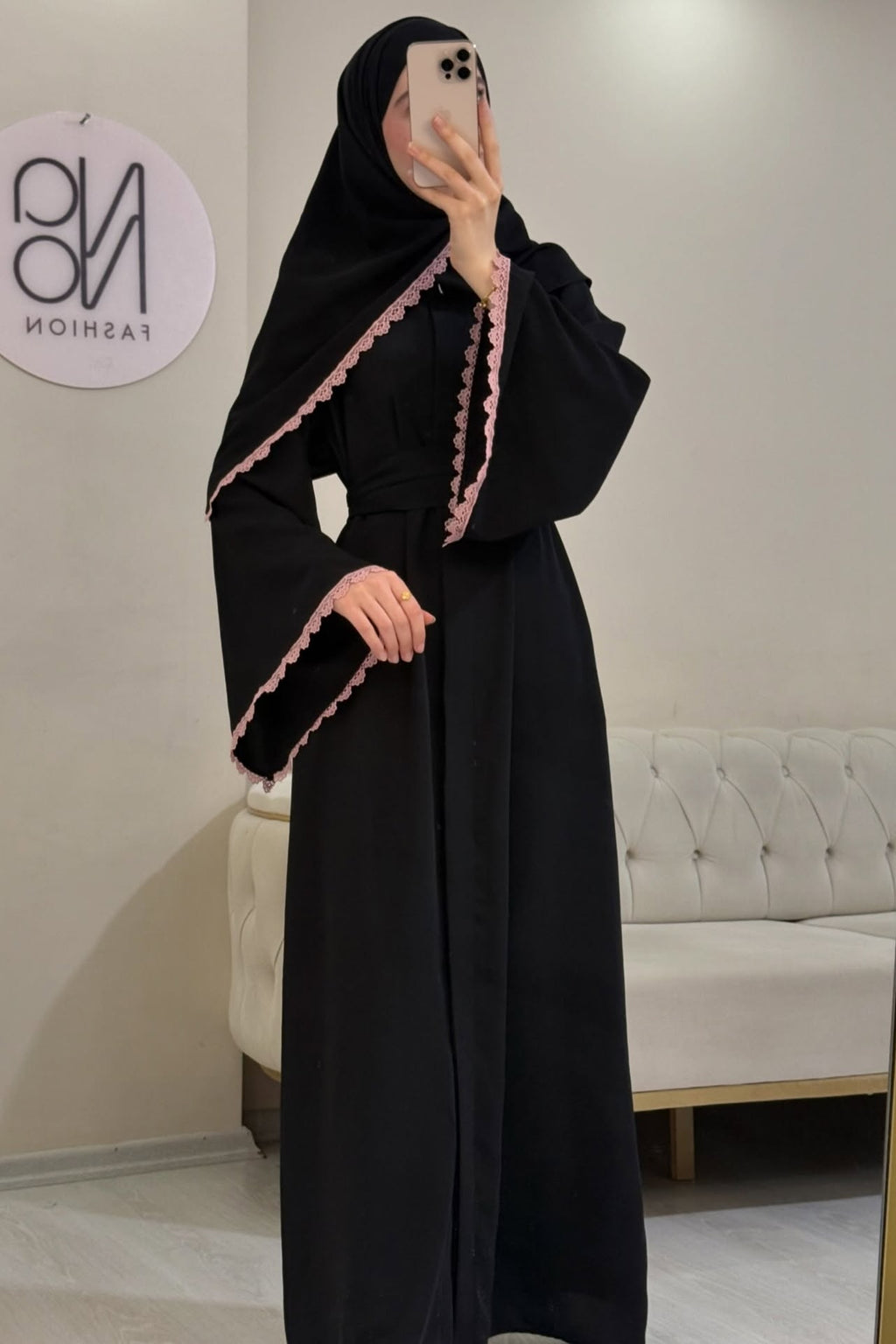 Lina Pink Lace Trim Two Piece Abaya Set