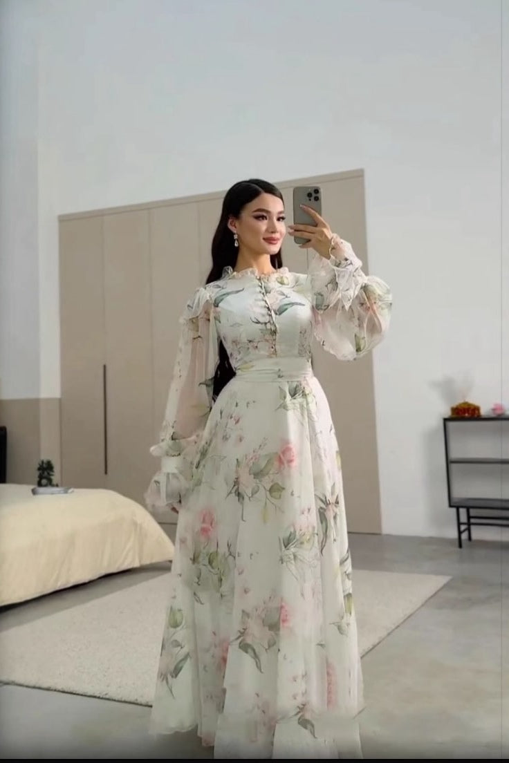 Nur Ruffle Neck Floral Chiffon Maxi Dress