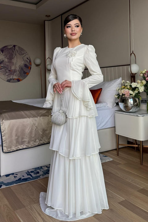 Celeste Floral Brooch Tiered Maxi Dress-White