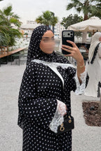 Maryam Polka Dot Lace Trim Open Abaya-Black
