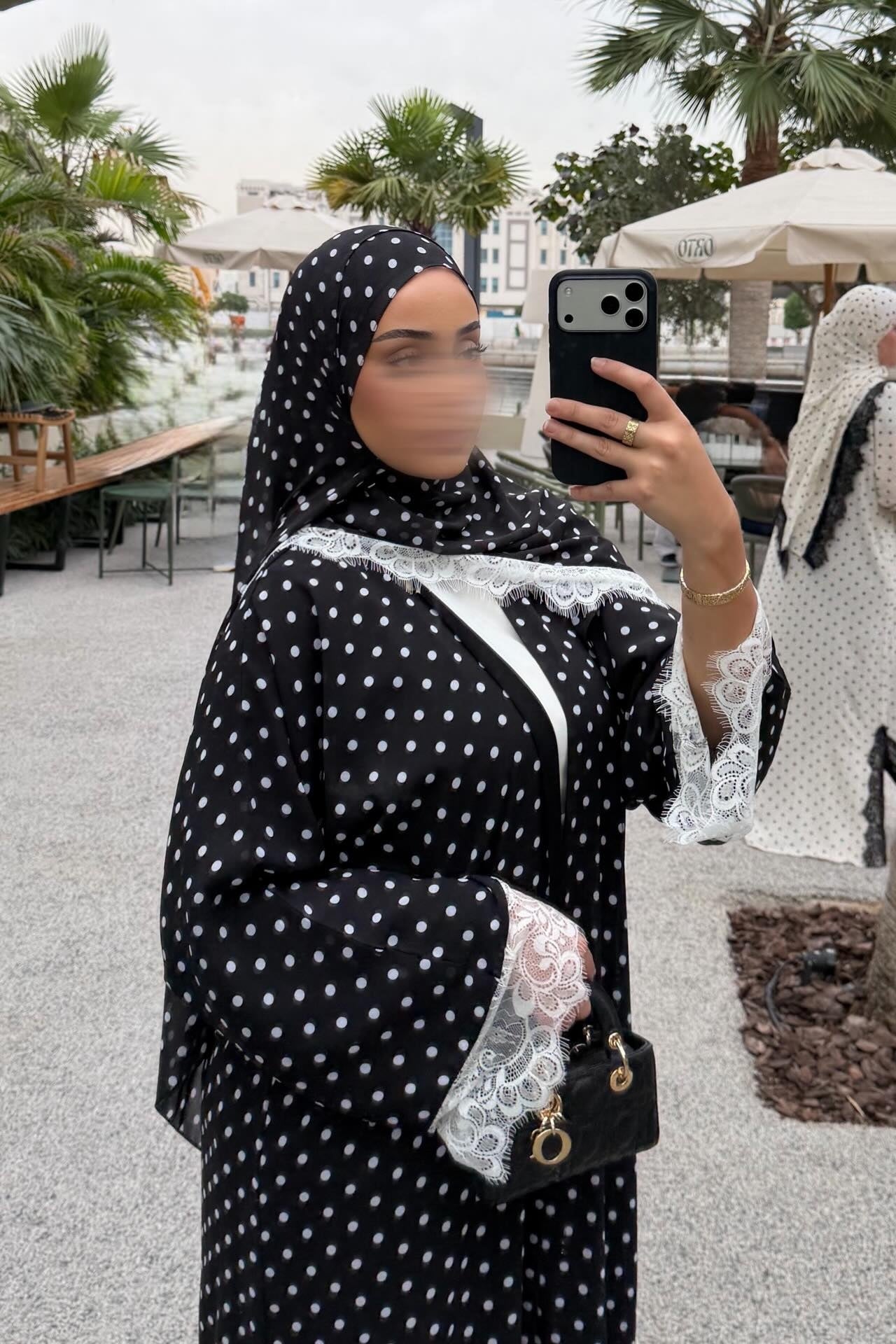 Maryam Polka Dot Lace Trim Open Abaya-Black
