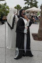 Maryam Polka Dot Lace Trim Open Abaya-White