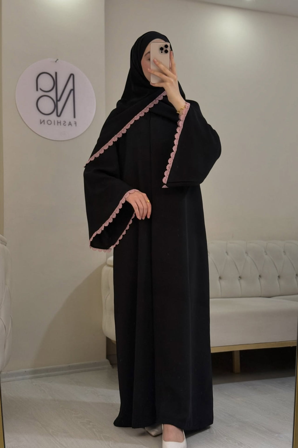 Lina Pink Lace Trim Two Piece Abaya Set