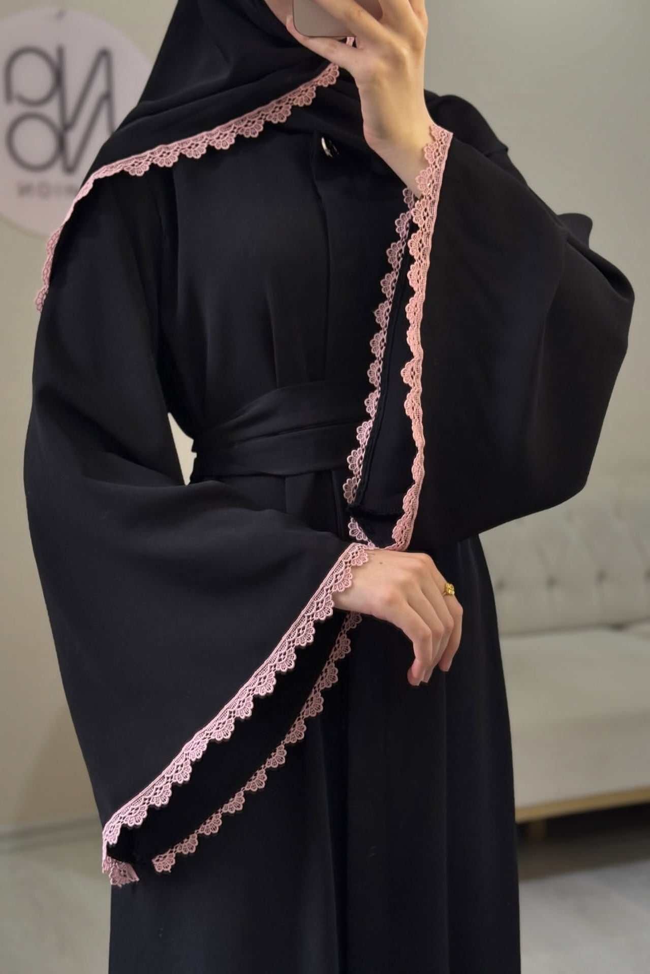 Lina Pink Lace Trim Two Piece Abaya Set