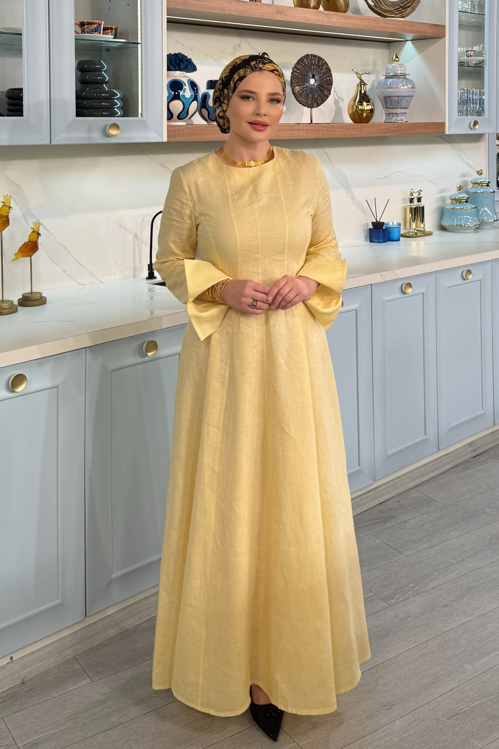 Sarah Yellow Linen Flare Long Sleeve Abaya