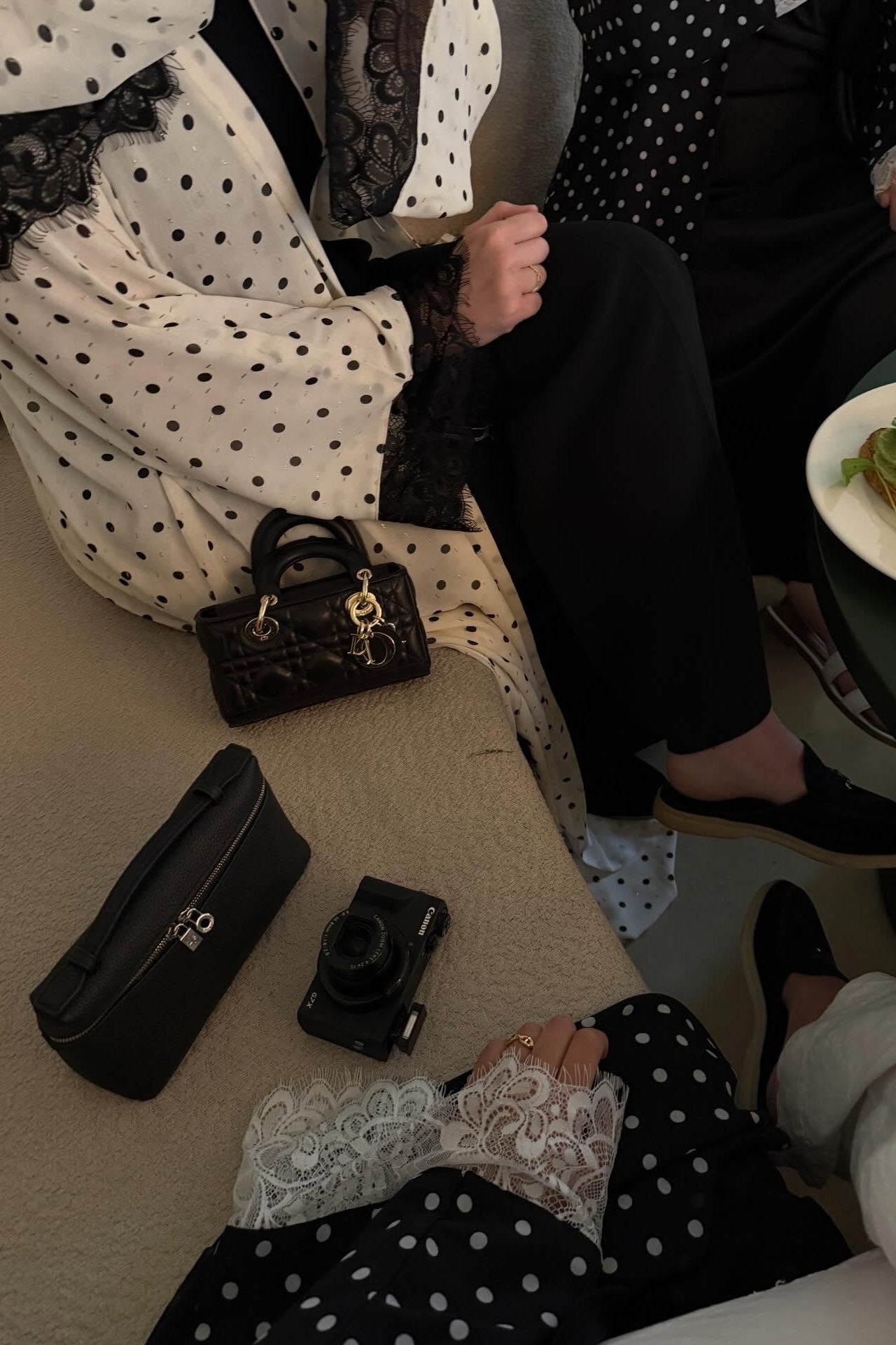 Maryam Polka Dot Lace Trim Open Abaya-Black