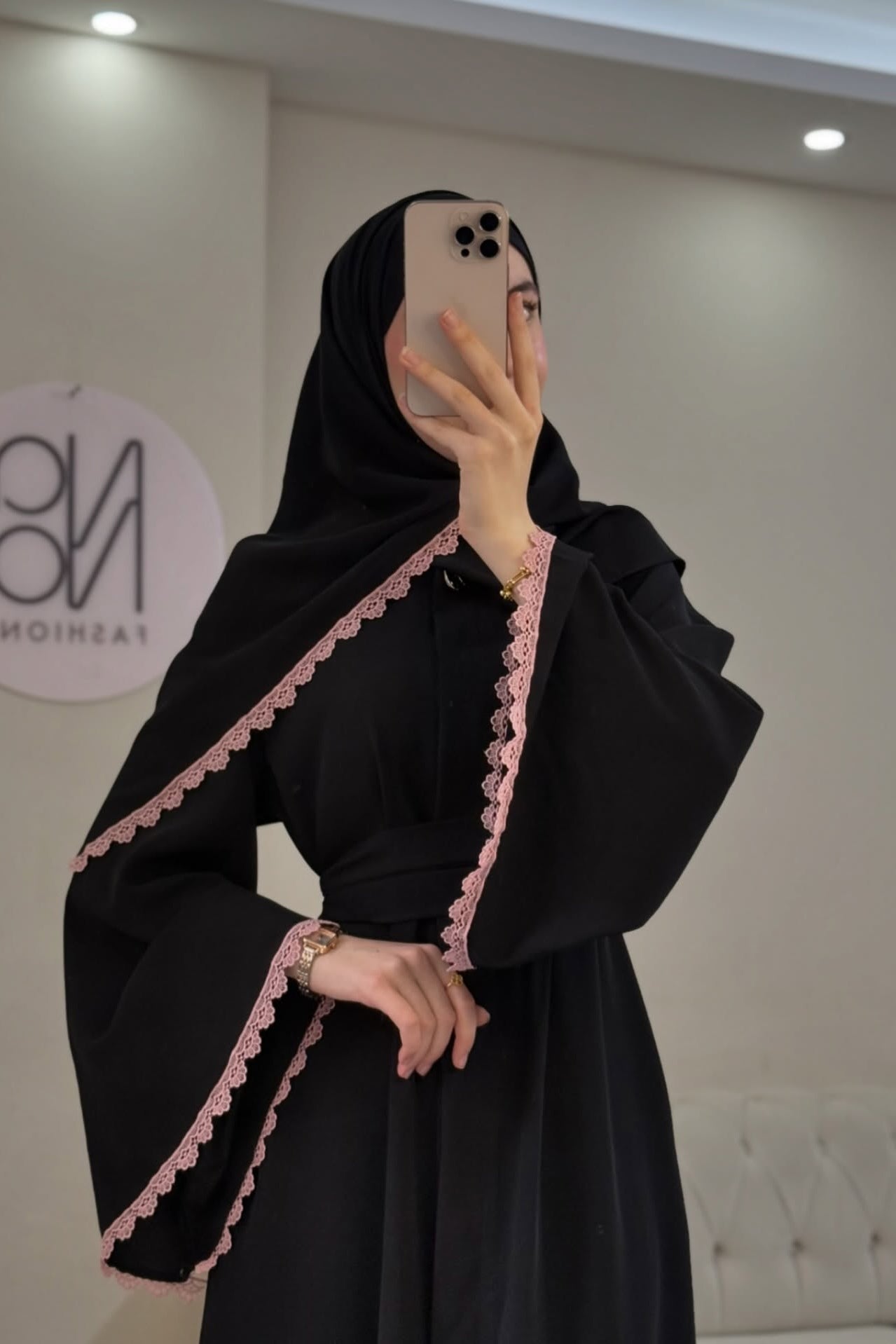 Lina Pink Lace Trim Two Piece Abaya Set