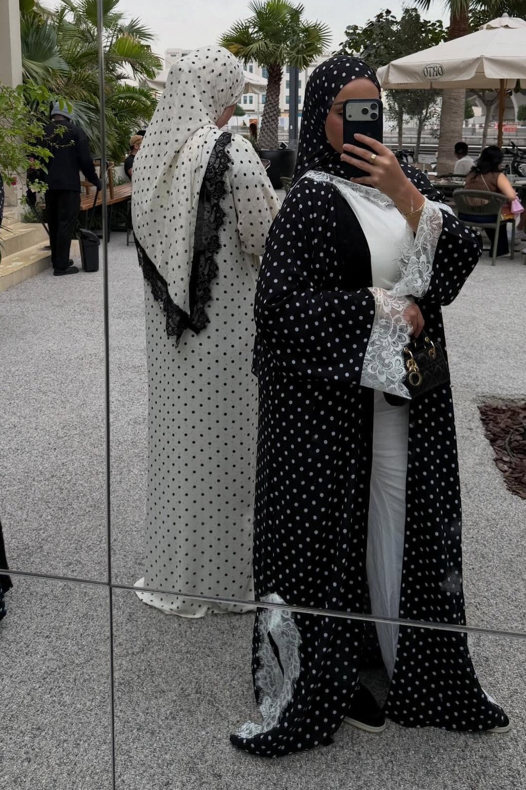 Maryam Polka Dot Lace Trim Open Abaya-White