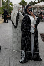 Maryam Polka Dot Lace Trim Open Abaya-White