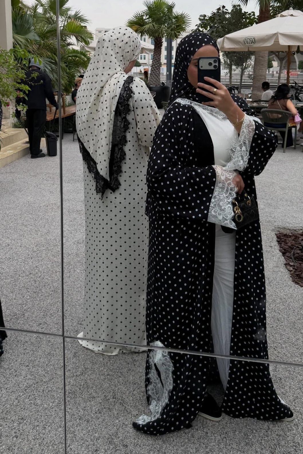 Maryam Polka Dot Lace Trim Open Abaya-Black