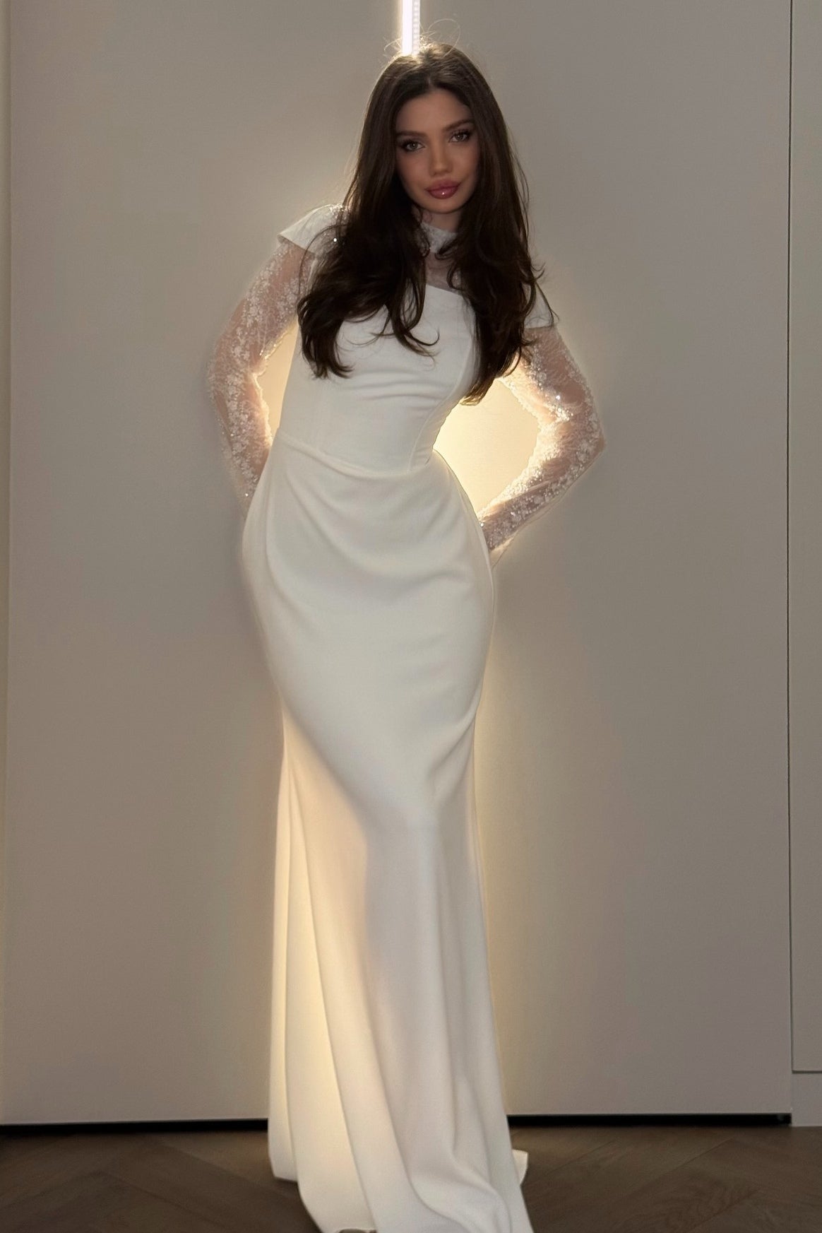 Elena Beaded Lace Mermaid Dress-White