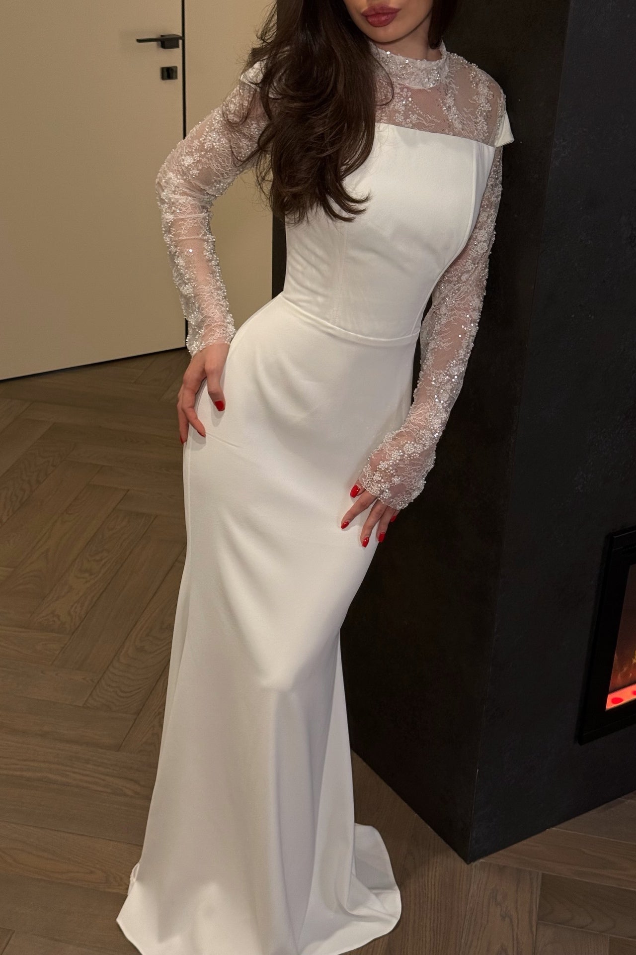 Elena Beaded Lace Mermaid Dress-White