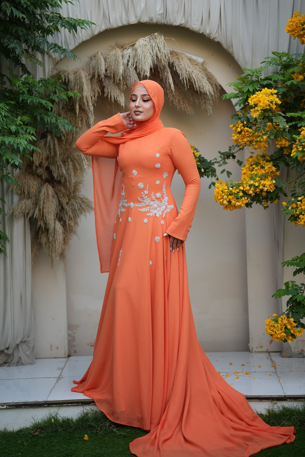 Maysa Floral Crystal Train Maxi Dress