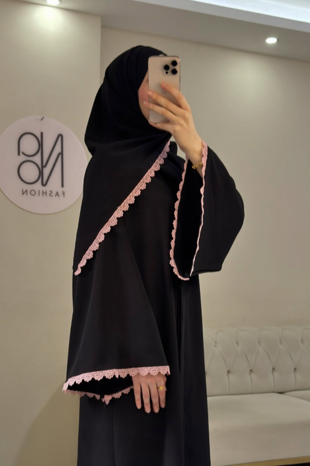 Lina Pink Lace Trim Two Piece Abaya Set