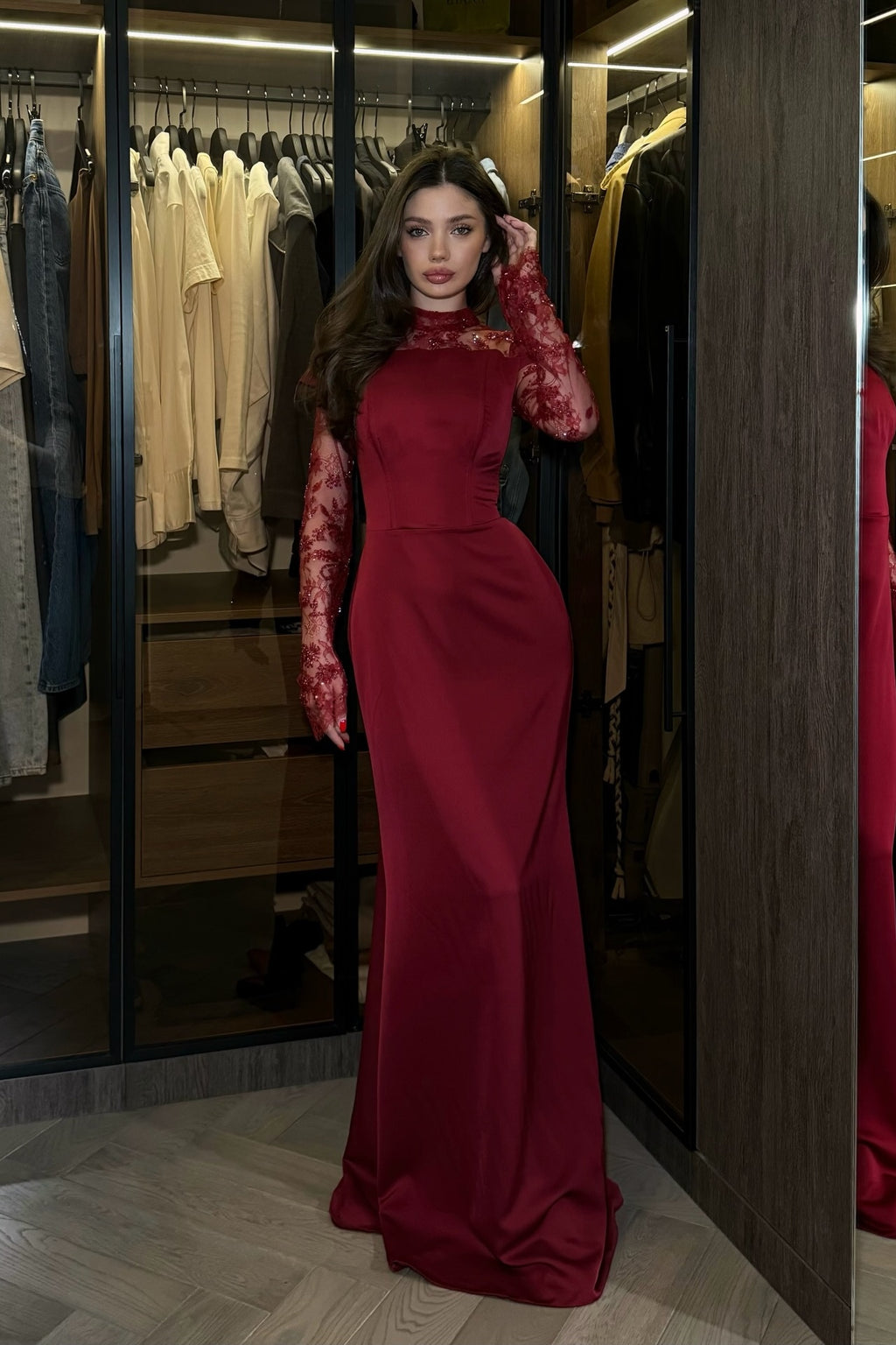 Elena Beaded Lace Mermaid Dress-Red