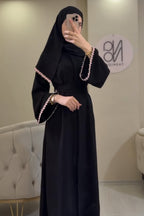 Zaina Pink Mini Floral Trim Two Piece Abaya Set