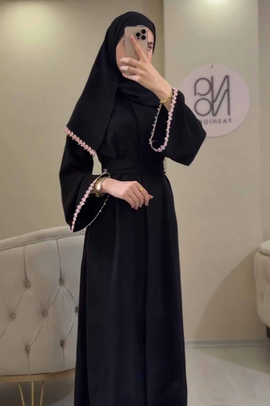 Zaina Pink Mini Floral Trim Two Piece Abaya Set