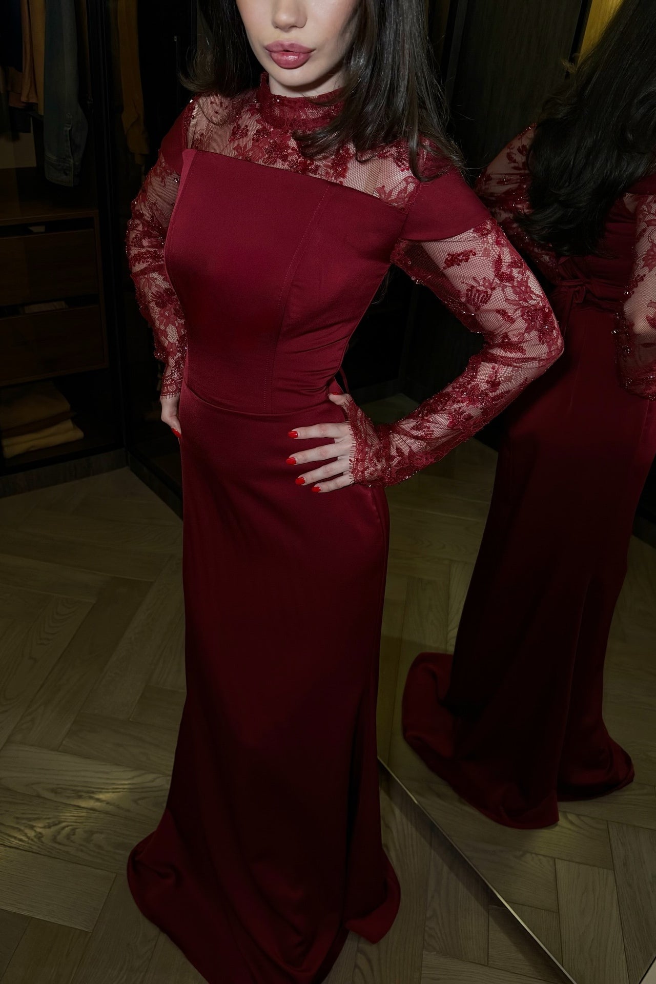 Elena Beaded Lace Mermaid Dress-Red