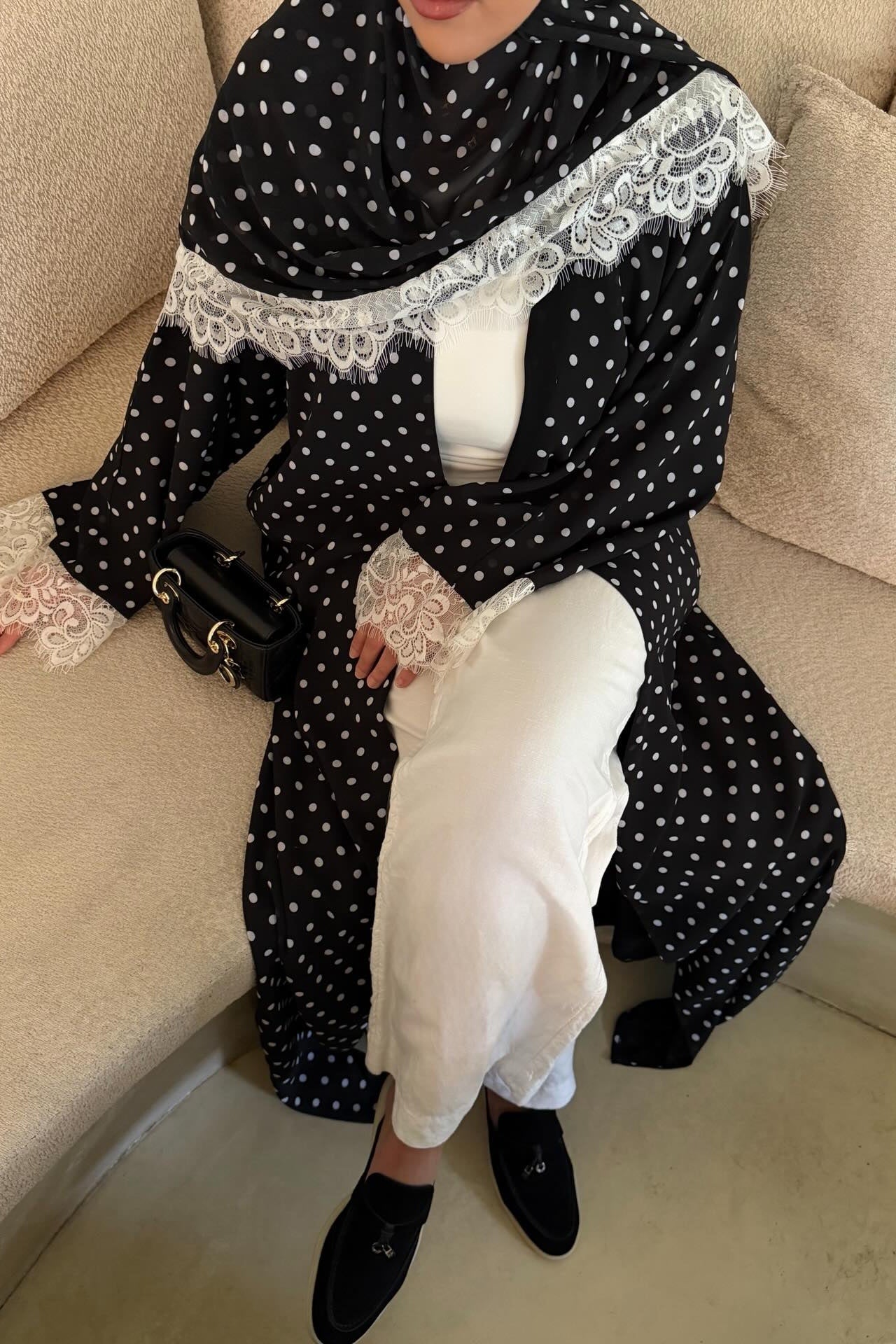 Maryam Polka Dot Lace Trim Open Abaya-Black