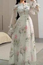 Nur Ruffle Neck Floral Chiffon Maxi Dress