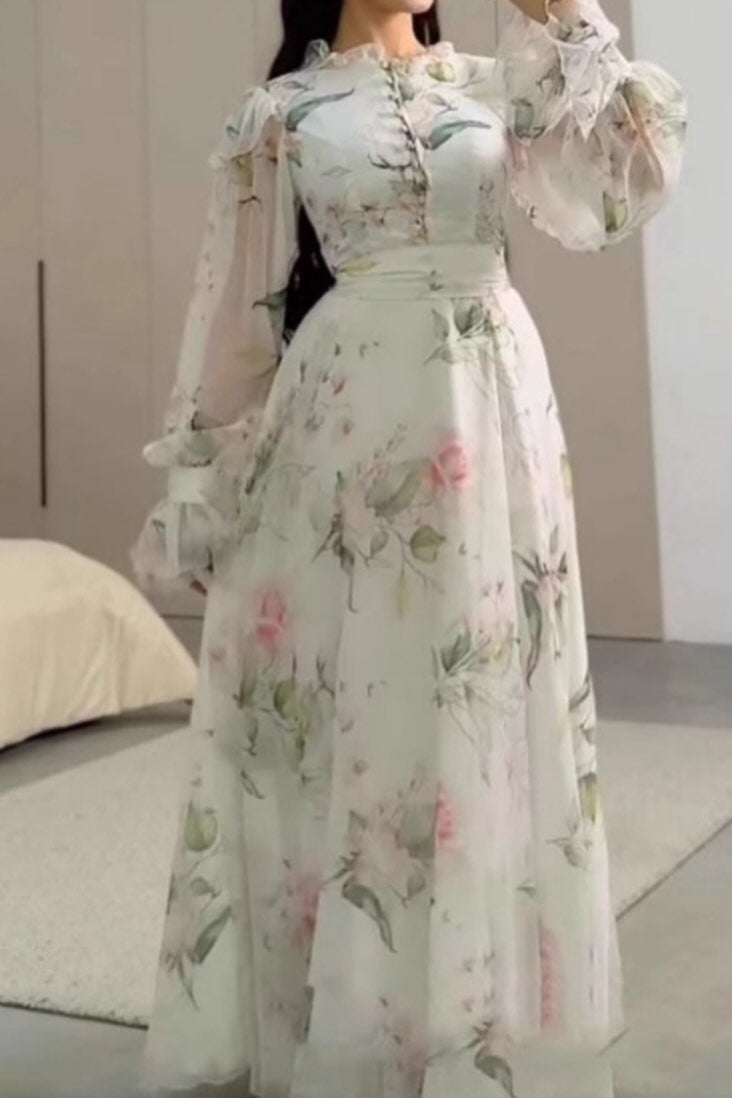Nur Ruffle Neck Floral Chiffon Maxi Dress