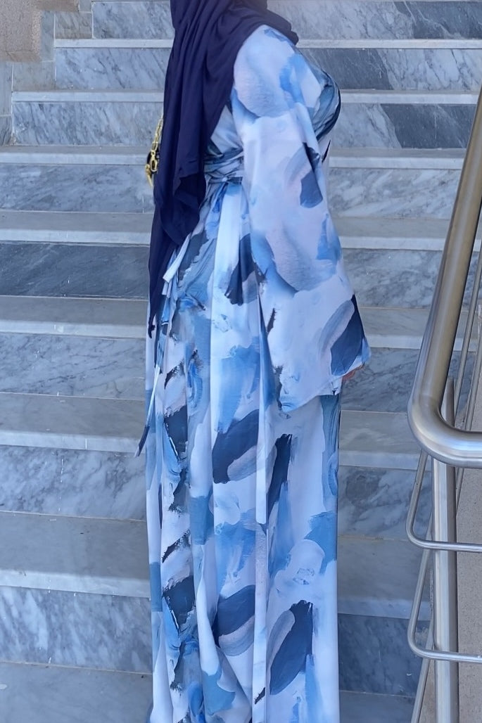 Maya Ink Brush Print Wide Sleeve Abaya