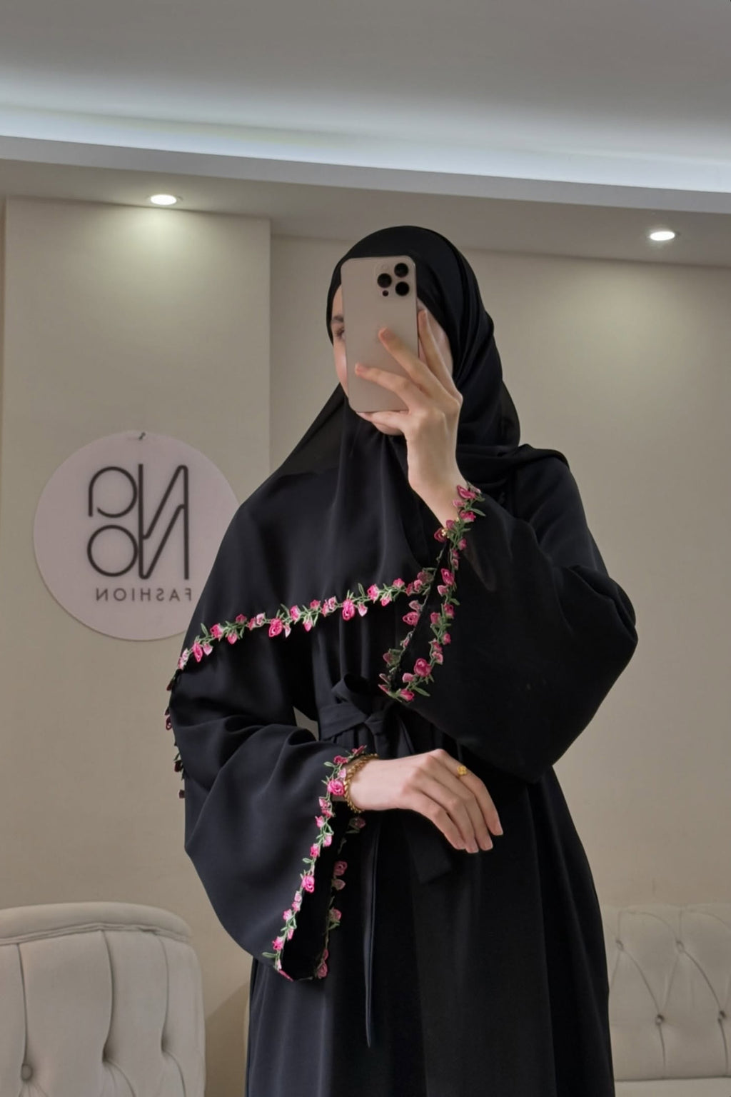 Maysa Pink Floral Embroidery Two Piece Abaya Set