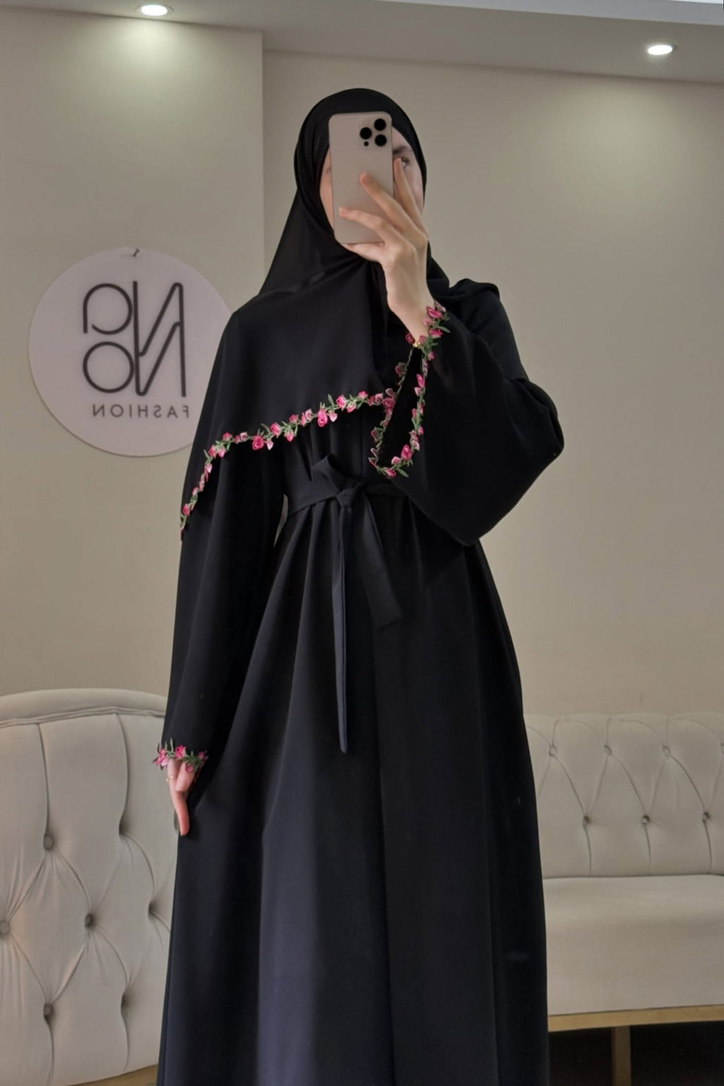 Maysa Pink Floral Embroidery Two Piece Abaya Set