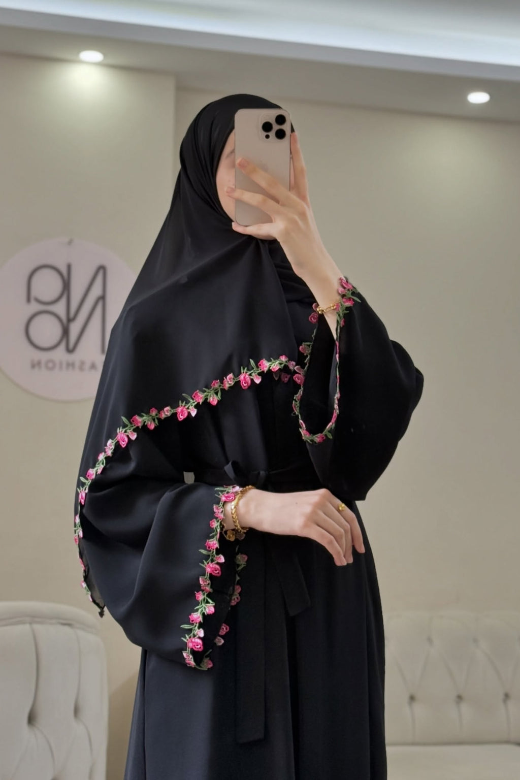 Maysa Pink Floral Embroidery Two Piece Abaya Set