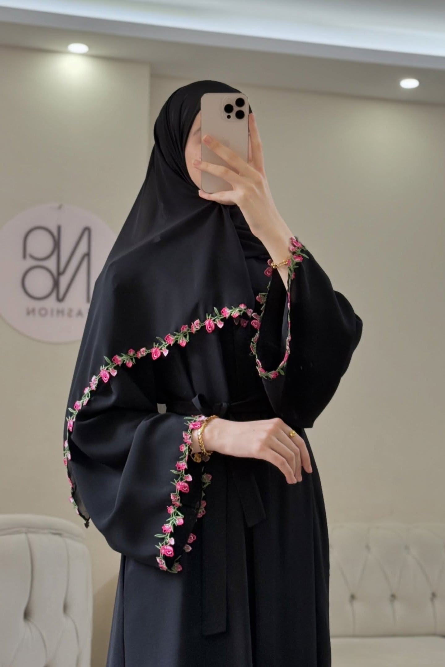 Maysa Pink Floral Embroidery Two Piece Abaya Set