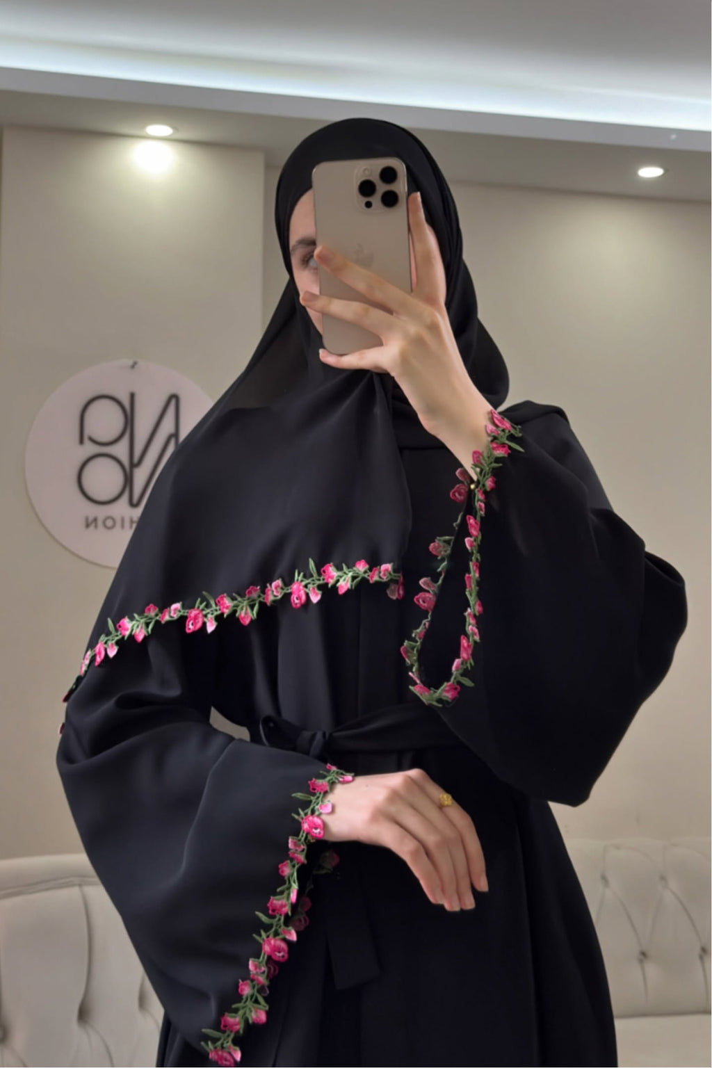 Maysa Pink Floral Embroidery Two Piece Abaya Set