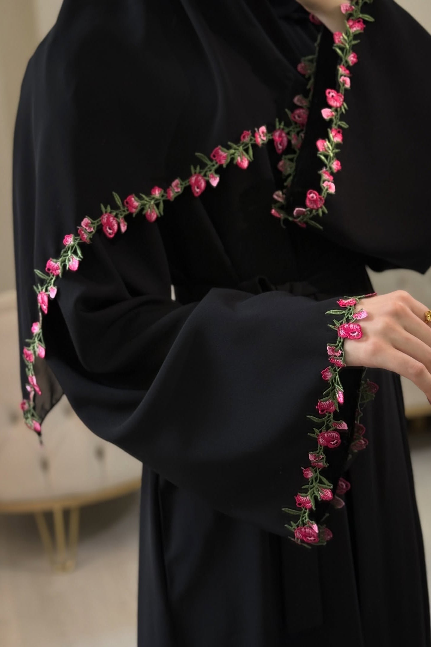 Maysa Pink Floral Embroidery Two Piece Abaya Set