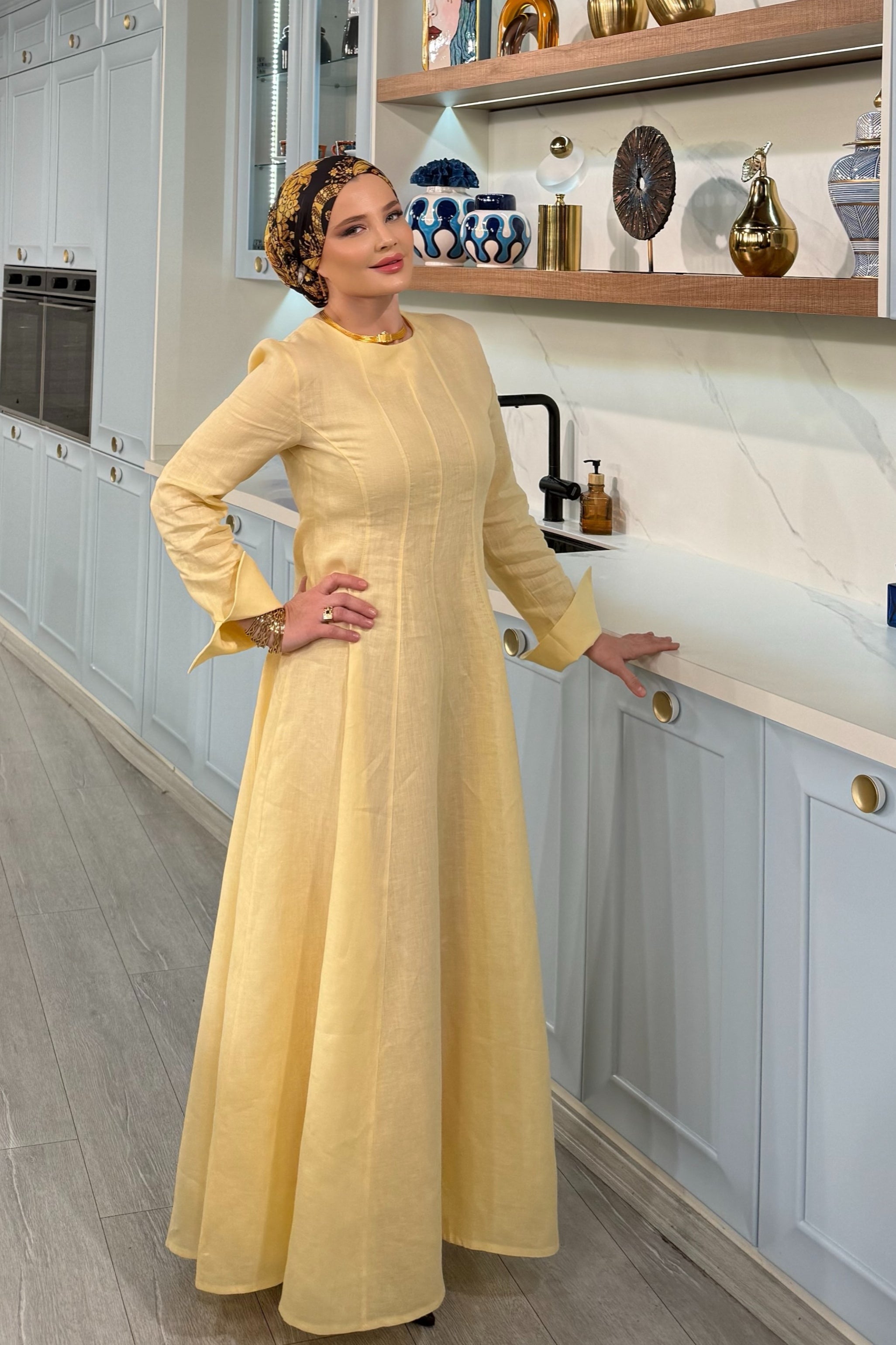 Sarah Yellow Linen Flare Long Sleeve Abaya