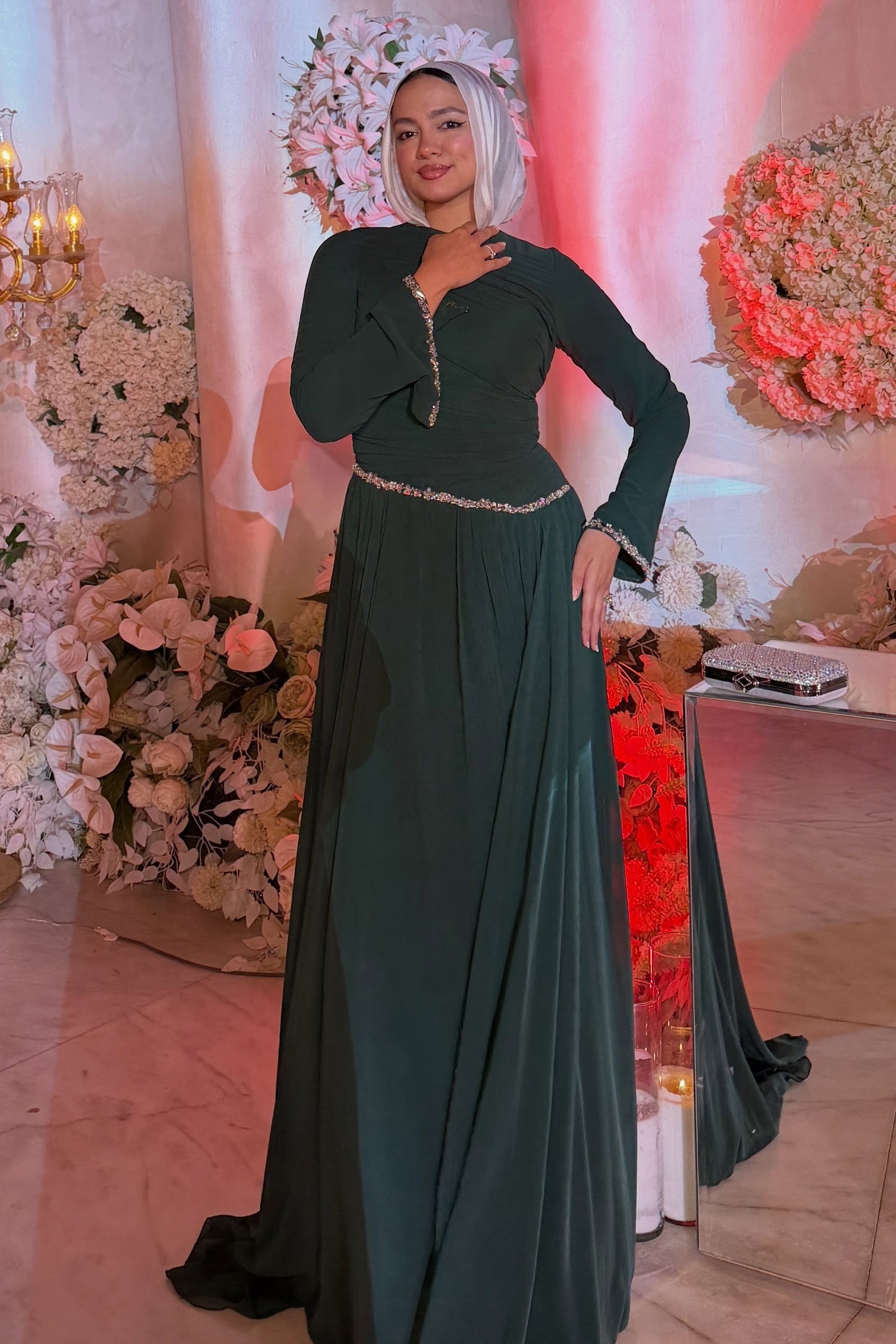 Hanin Draped Crystal Trim Maxi Dress