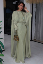 Lina Satin Cape Sleeve Flowy Maxi Abaya-Green