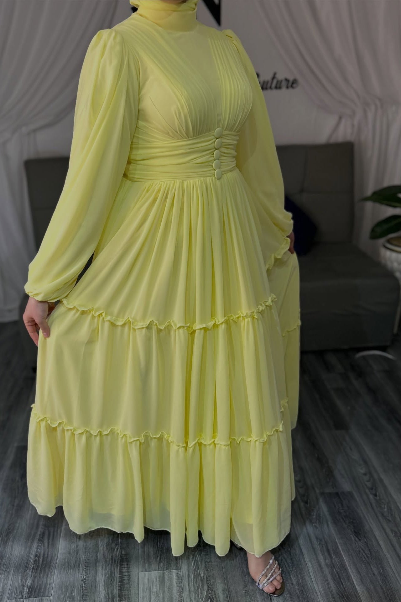 Sofia Pleated Waist Tiered Chiffon Gown