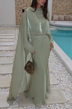 Lina Satin Cape Sleeve Flowy Maxi Abaya-Green