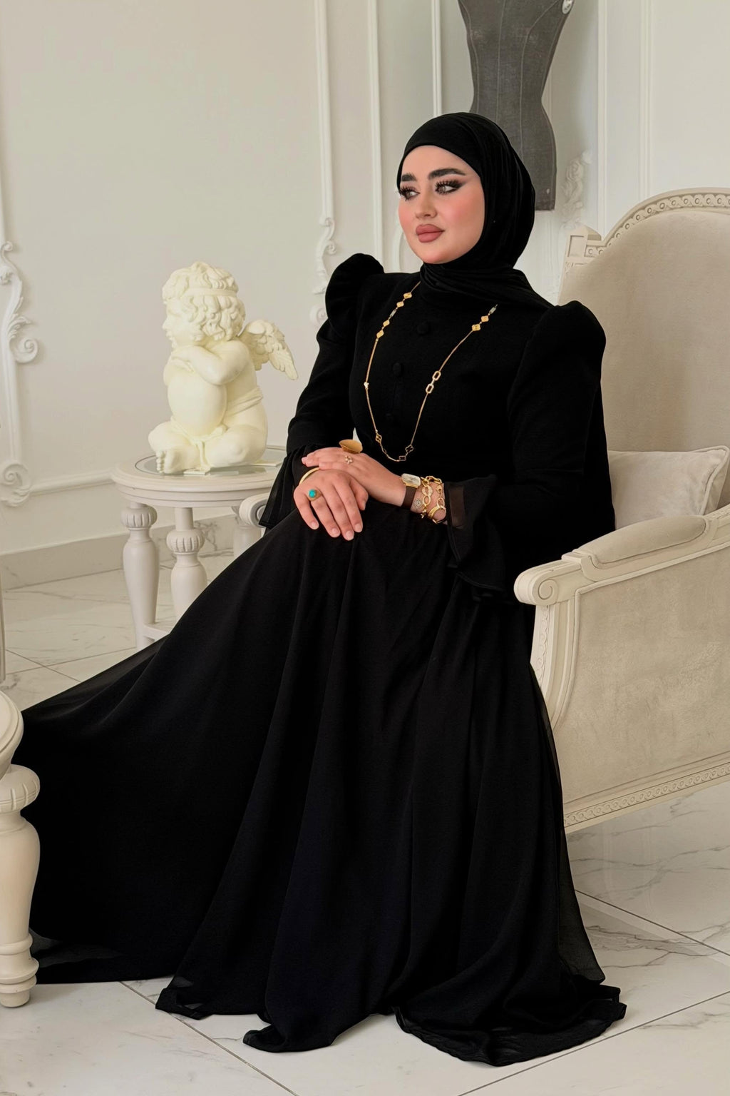 Aisha Button V-Waist Chiffon Modest Maxi Robe
