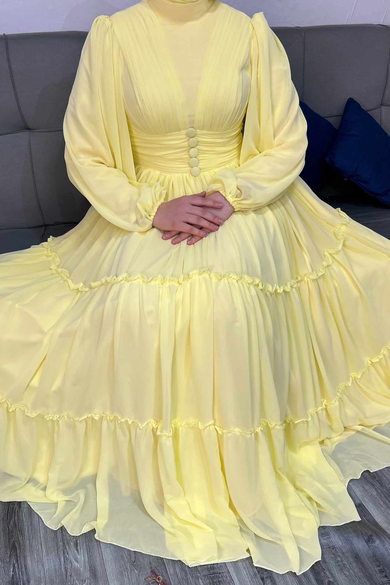 Sofia Pleated Waist Tiered Chiffon Gown