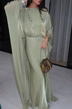 Lina Satin Cape Sleeve Flowy Maxi Abaya-Green