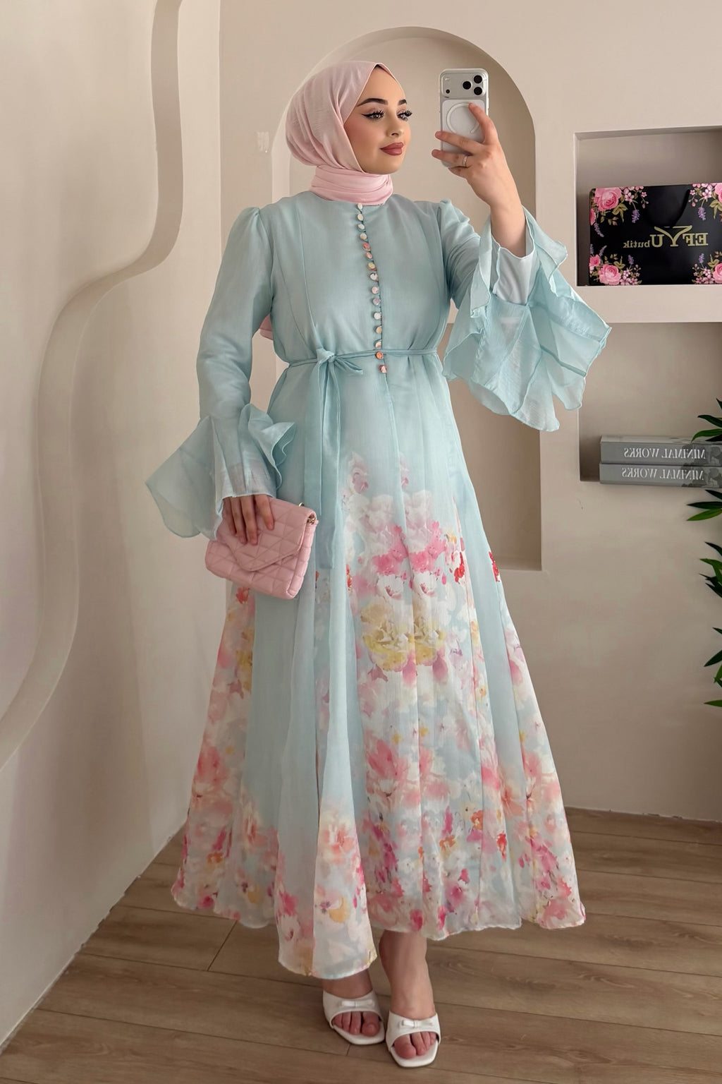 Iris Floral Print Flare Sleeve Belted Midi Dress-Blue