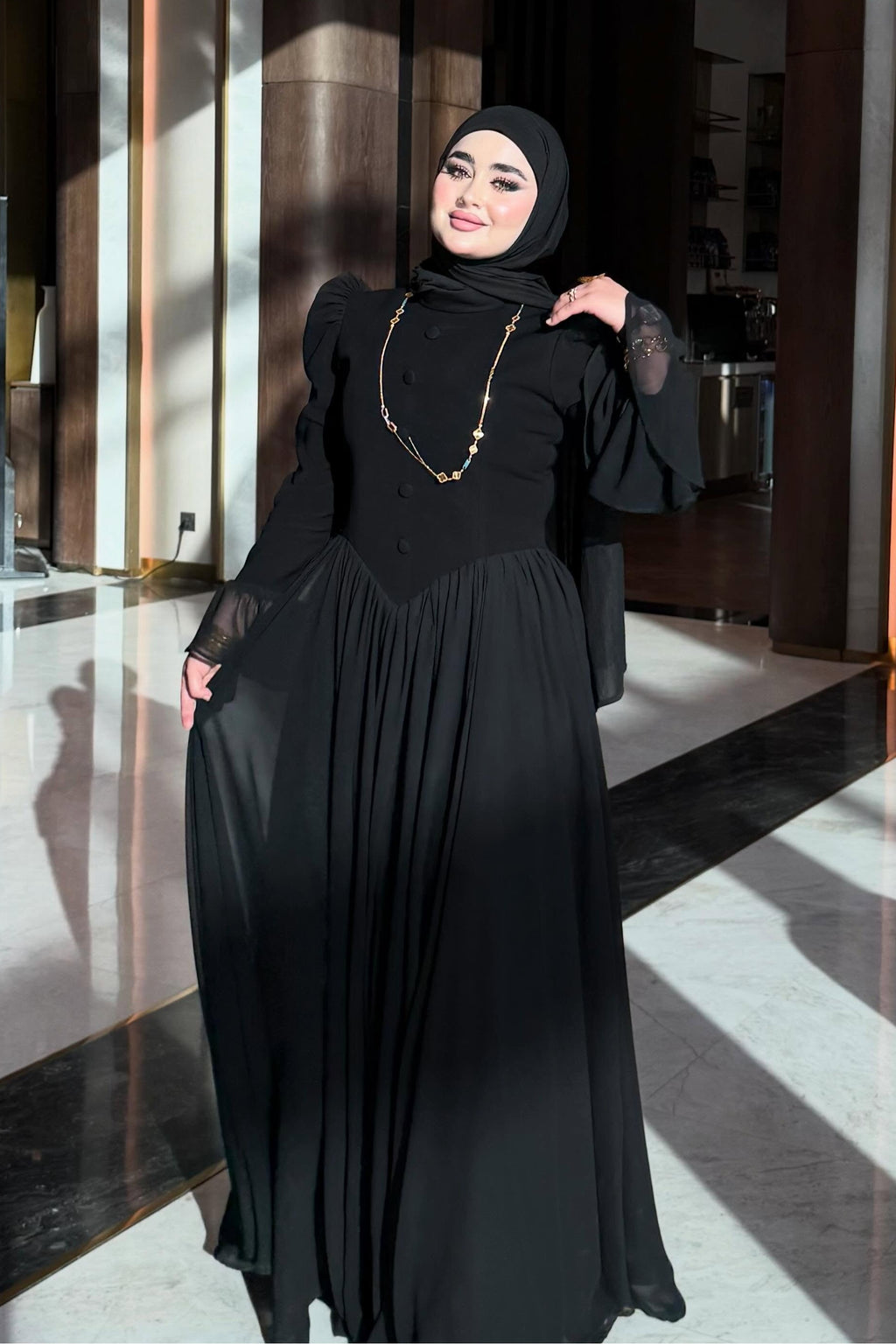 Aisha Button V-Waist Chiffon Modest Maxi Robe