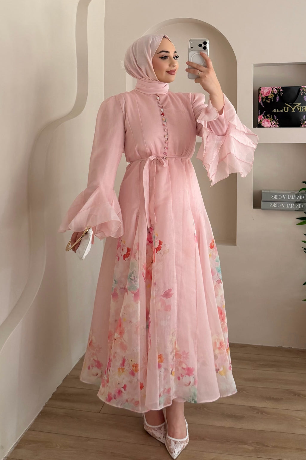 Iris Floral Print Flare Sleeve Belted Midi Dress-Pink